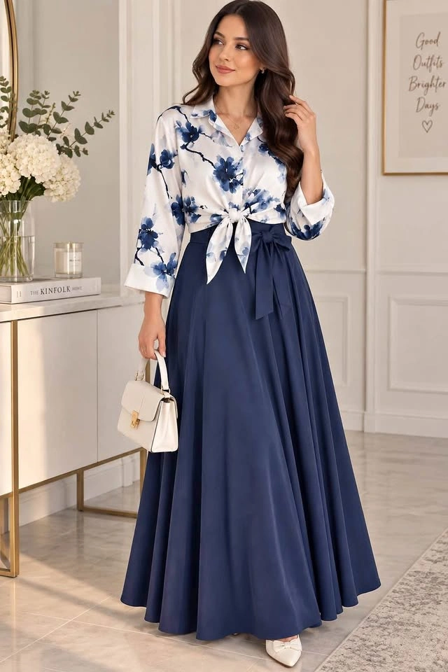 Elegant Navy & White Floral Skirt Set – Blouse & Maxi Skirt