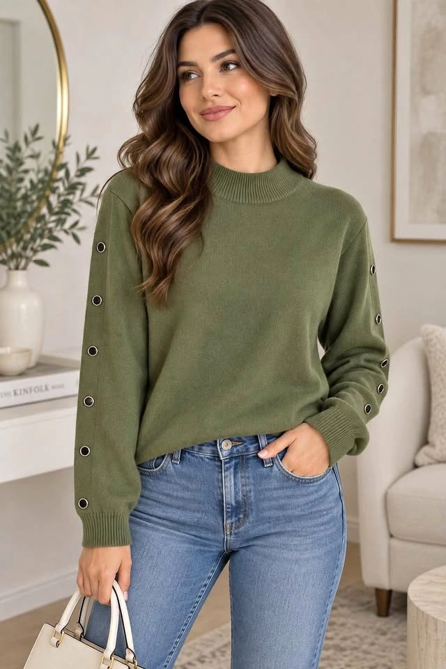 Women’s Olive Green Knit Sweater with Button Sleeve Detail