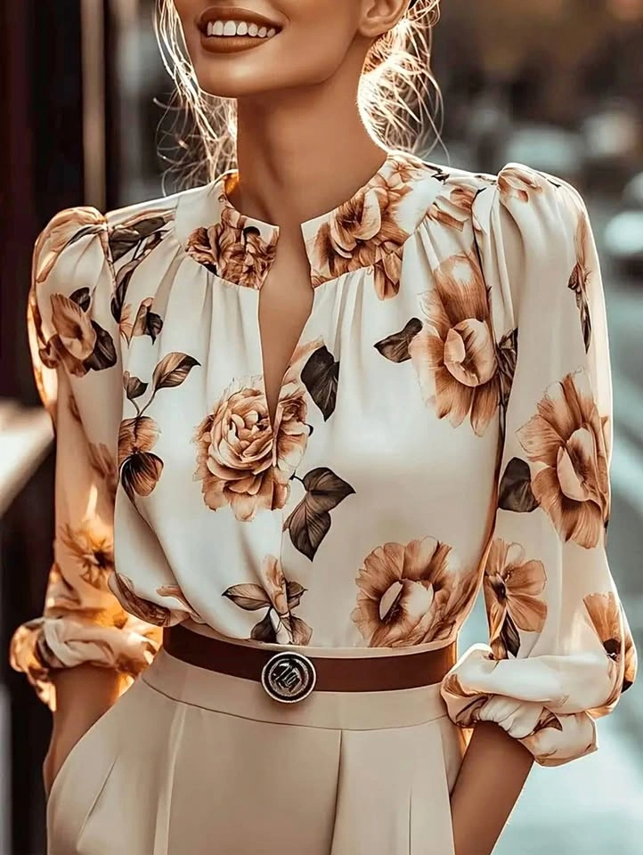 Elegant Floral Long Sleeve Blouse – Cream & Brown Floral Print