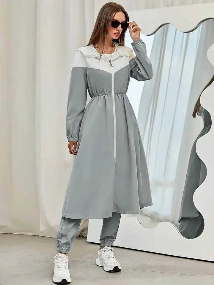 Modest Grey & White 2-Piece Maxi Jacket & Pants Set - Large