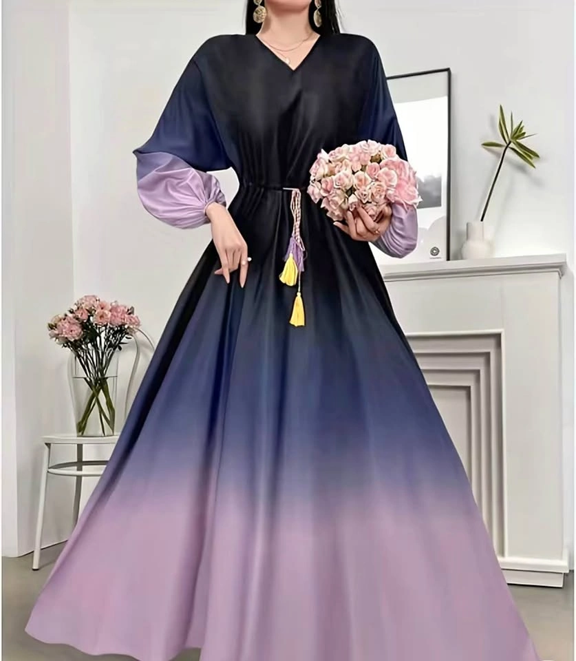 Elegant Navy & Lavender Modest Maxi Dress – Size Medium