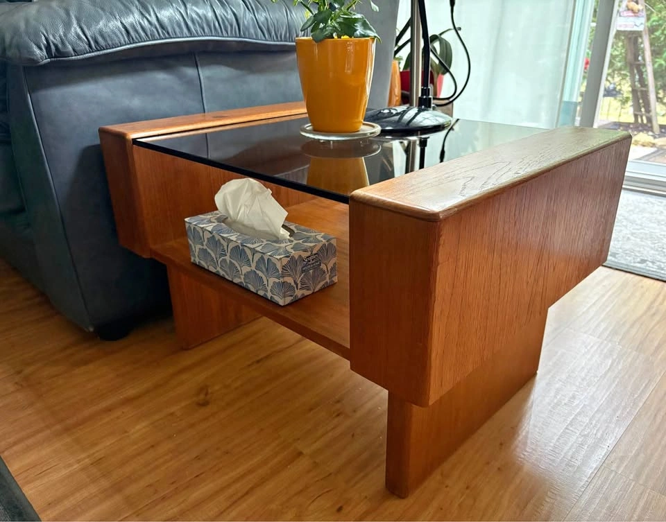 Mid-Century Modern Teak Side Table with Smoked Glass Top