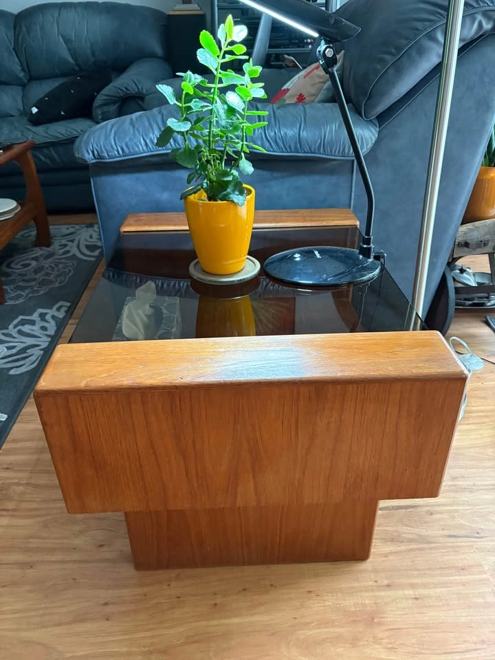 Mid-Century Modern Teak Side Table with Smoked Glass Top - photo 2