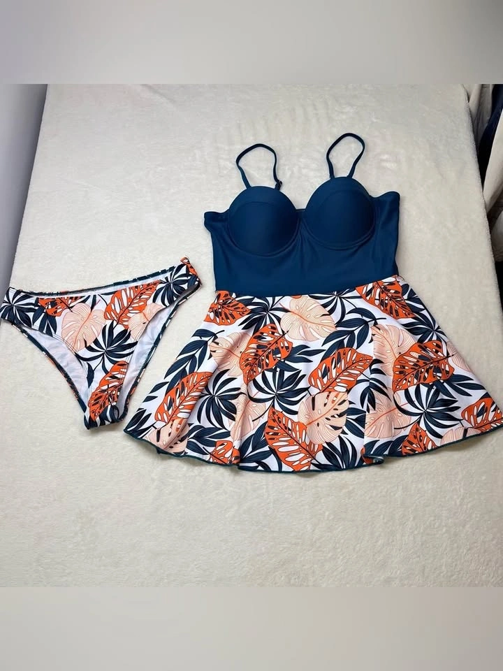 Shein Blue Orange Tropical Leaf Underwired Tankini Set NWT L - photo 2
