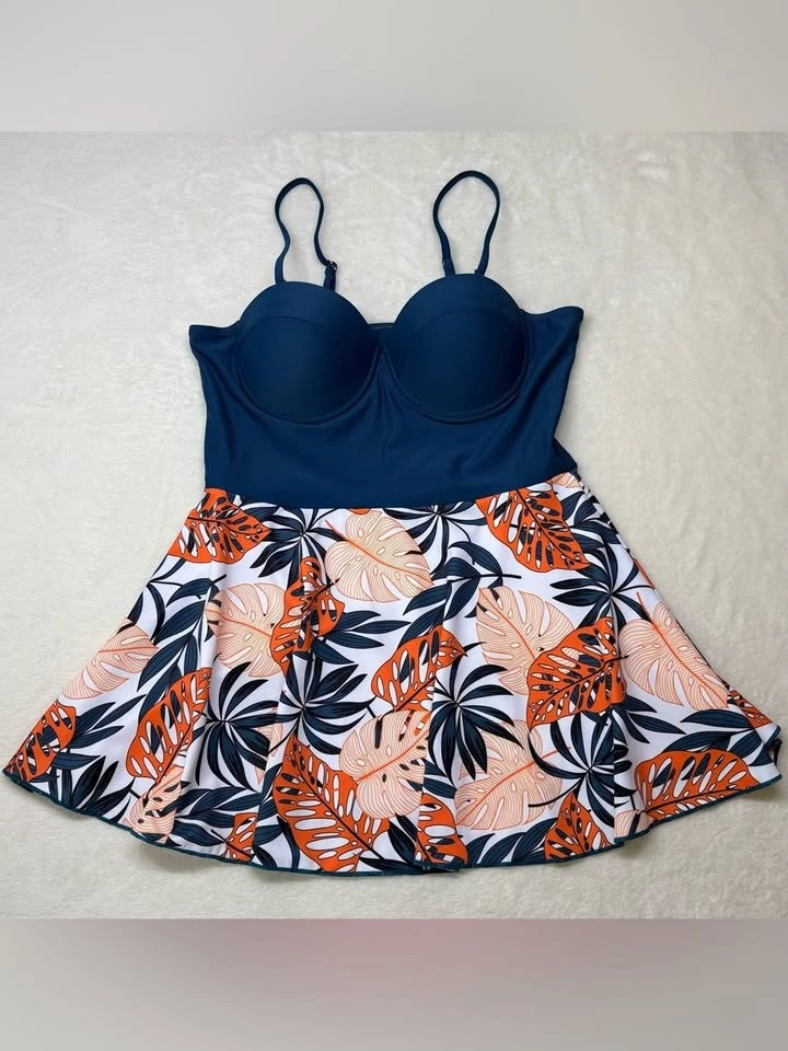 Shein Blue Orange Tropical Leaf Underwired Tankini Set NWT L - photo 3