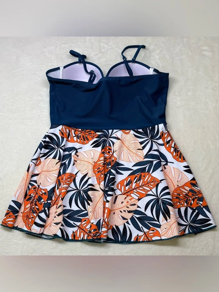 Shein Blue Orange Tropical Leaf Underwired Tankini Set NWT L - photo 4