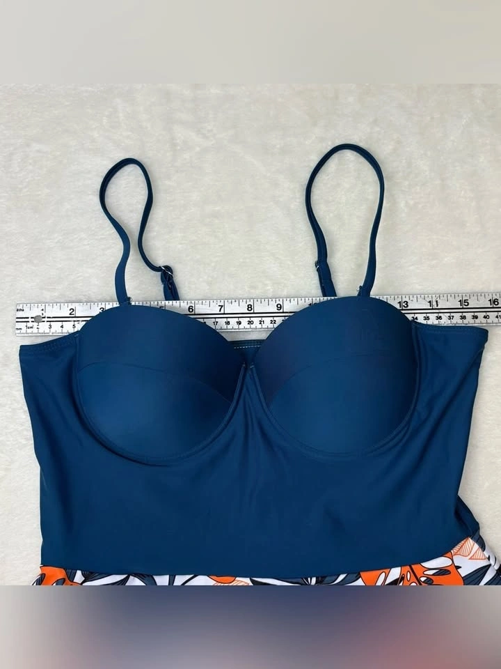 Shein Blue Orange Tropical Leaf Underwired Tankini Set NWT L - photo 5