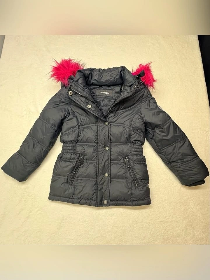 Diesel Kids Black Down Puffer Jacket With Hot Pink Faux Fur Hood - photo 2