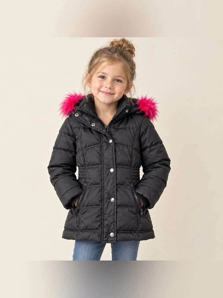 Diesel Kids Black Down Puffer Jacket With Hot Pink Faux Fur Hood