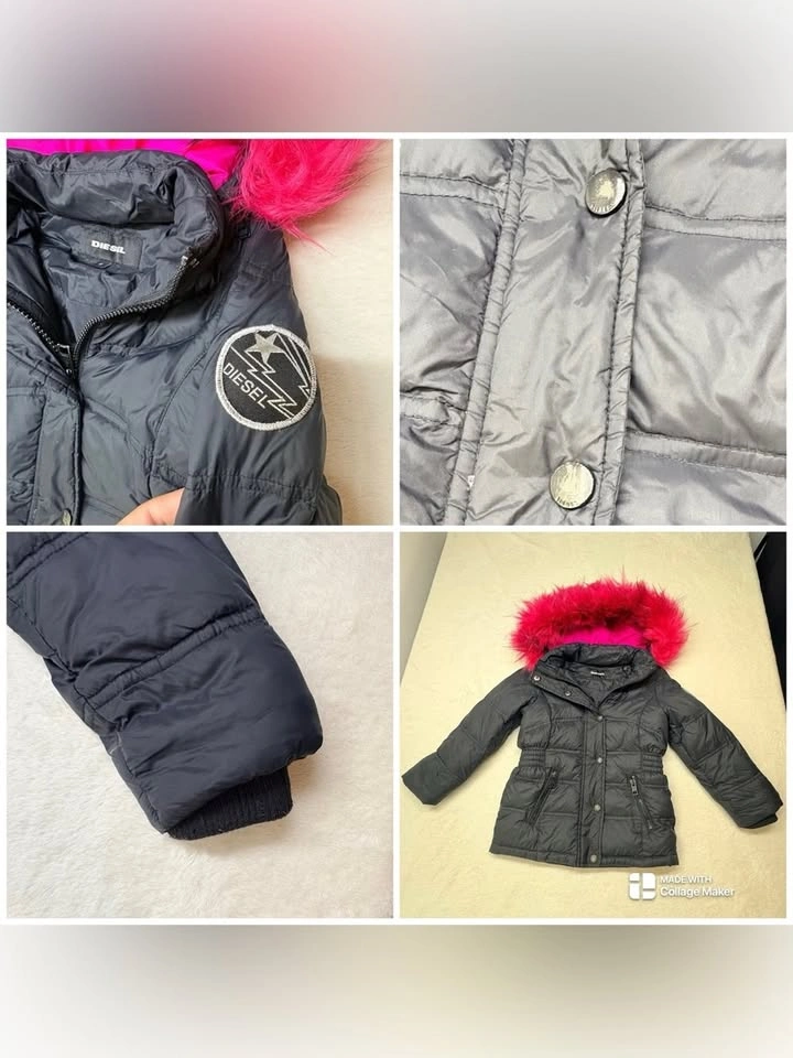 Diesel Kids Black Down Puffer Jacket With Hot Pink Faux Fur Hood - photo 5