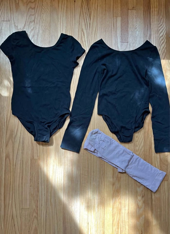 Kids Black Ballet Leotards and Pink Tights Set - size 10/12