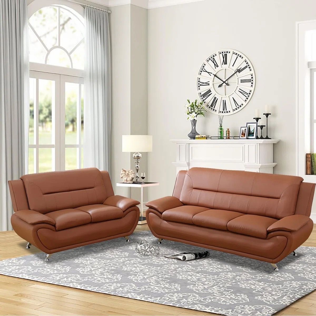 Brown Faux Leather Sofa and Loveseat Set