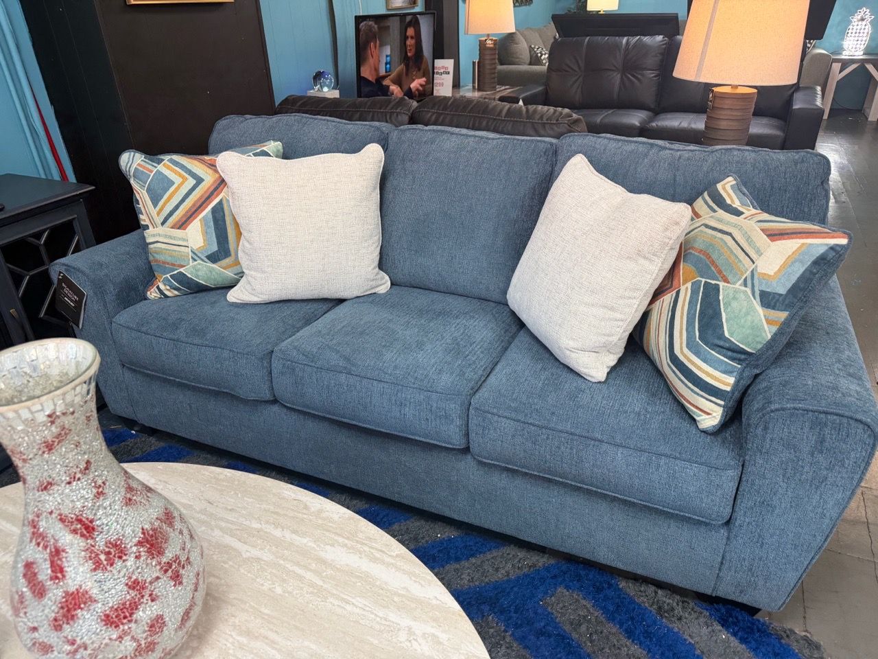 Blue Fabric 3-Seat Sofa & Loveseat with Throw Pillows