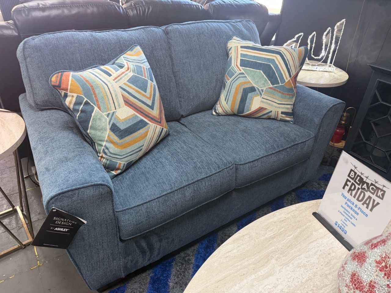 Blue Fabric 3-Seat Sofa & Loveseat with Throw Pillows - photo 2