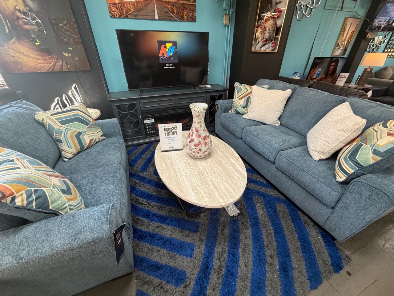 Blue Fabric 3-Seat Sofa & Loveseat with Throw Pillows - photo 3