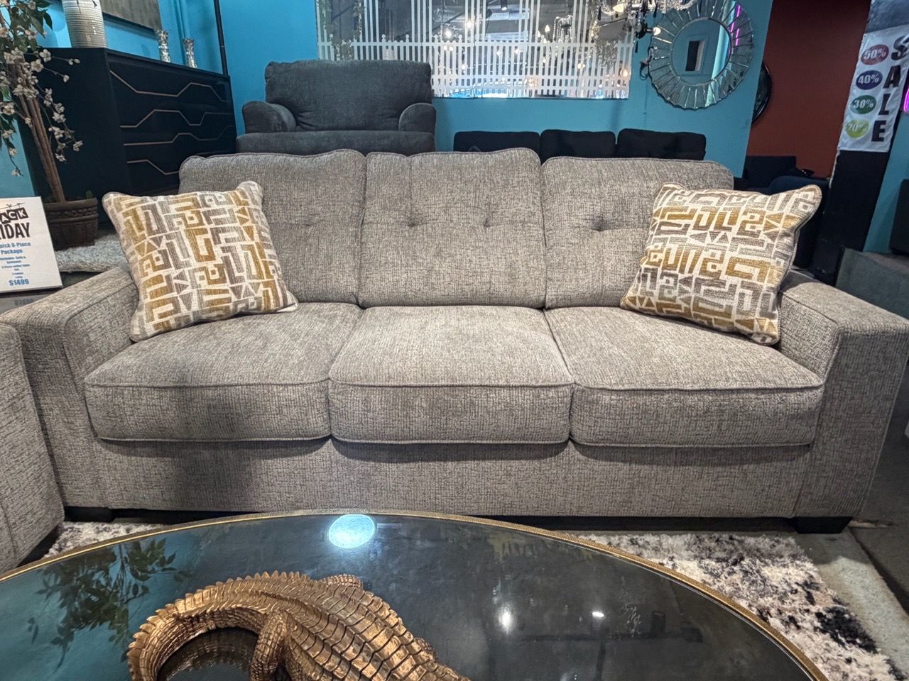 Gray Tufted 3-Seat Sofa with Accent Pillows