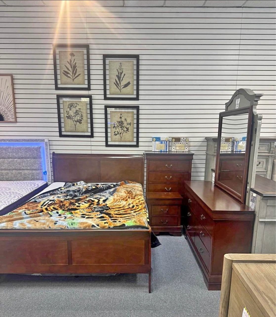 Cherry Wood Bedroom Set with Dresser and Mirror