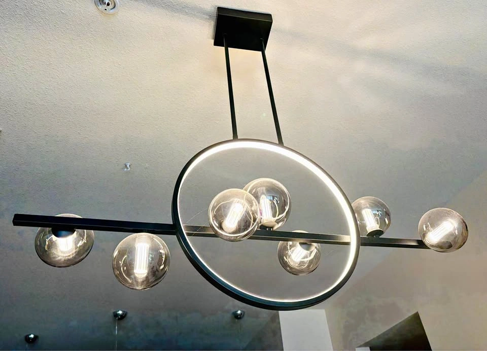 Modern Black LED Ring and Glass Globe Chandelier