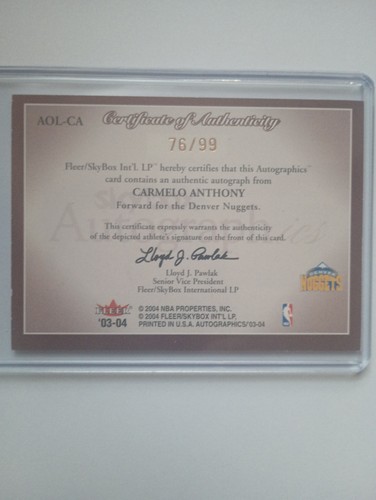 2003-04 Skybox Autographics Carmelo Anthony Auto /99 - photo 2