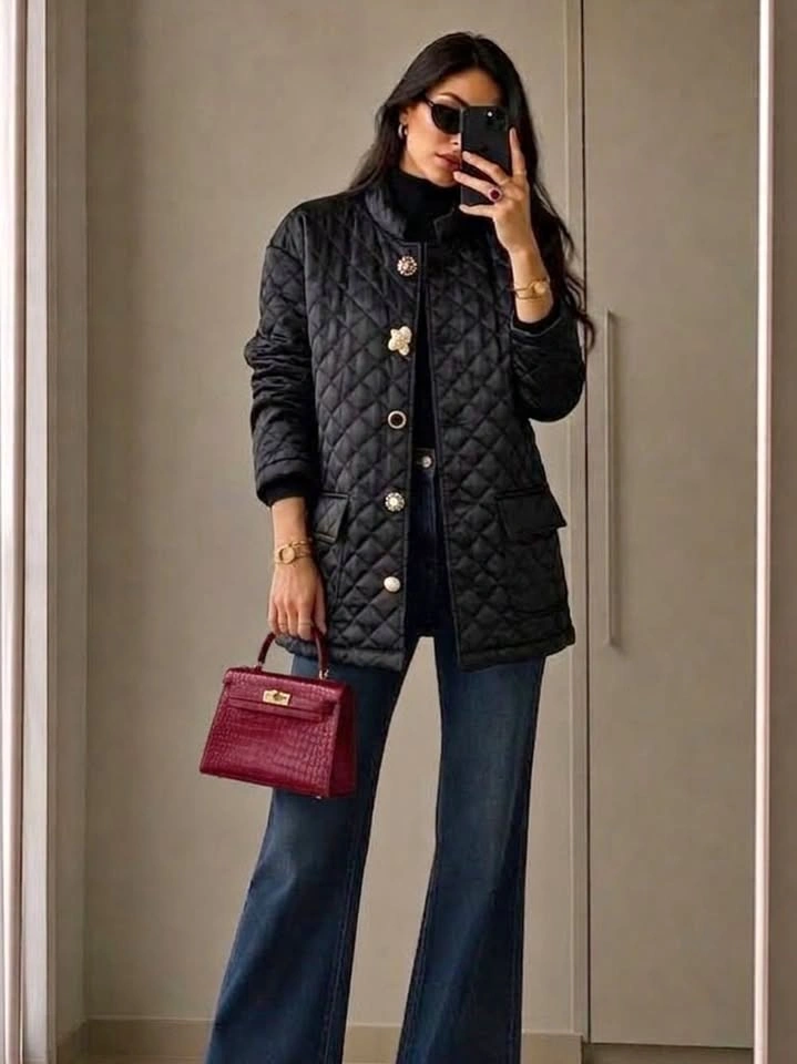 🏈 UooYaa Black Quilted Jacket Statement Buttons Size Medium