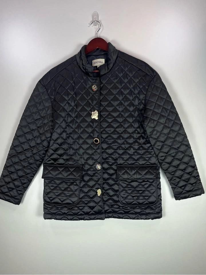 🏈 UooYaa Black Quilted Jacket Statement Buttons Size Medium - photo 2
