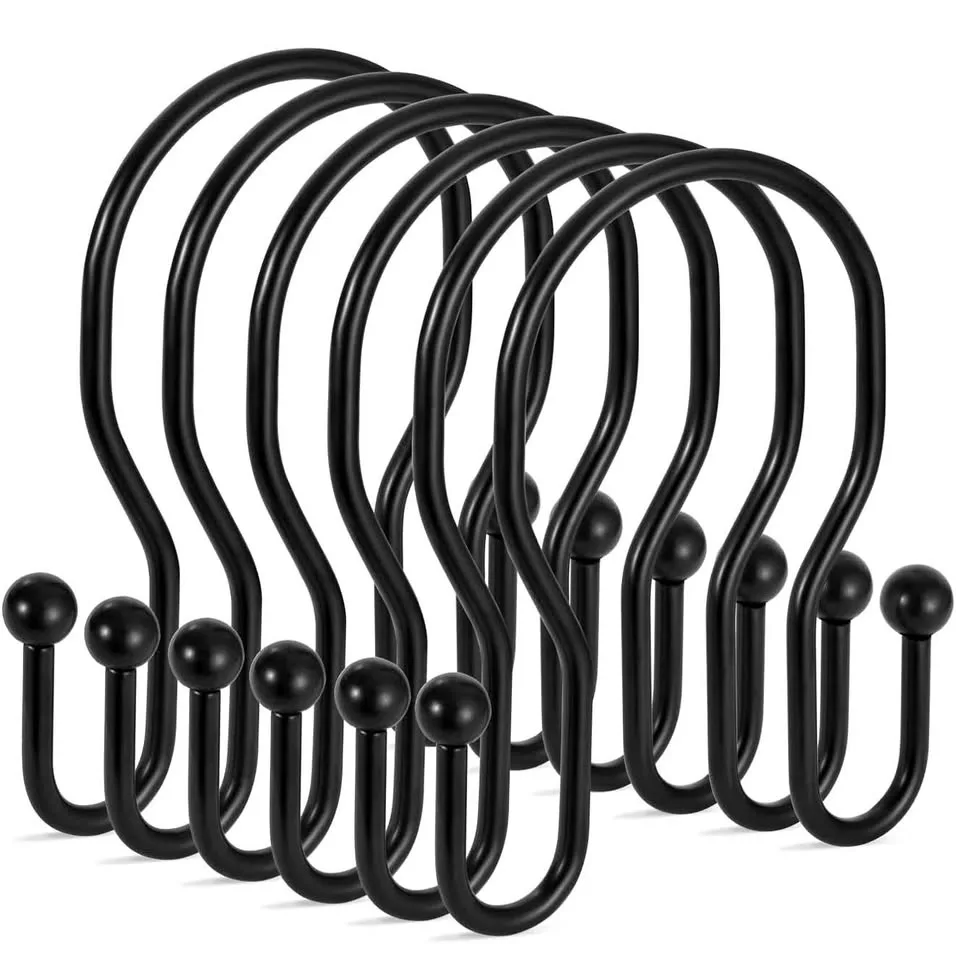 Double Shower Curtain Hooks Rings - Black, 24 pcs