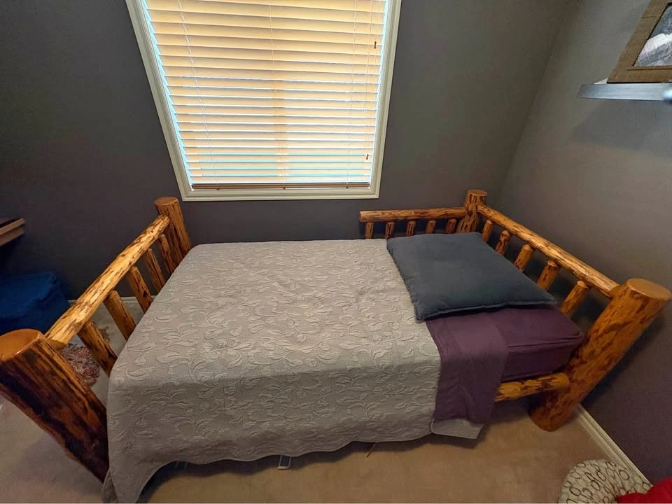 Single solid wooden bed and mattress