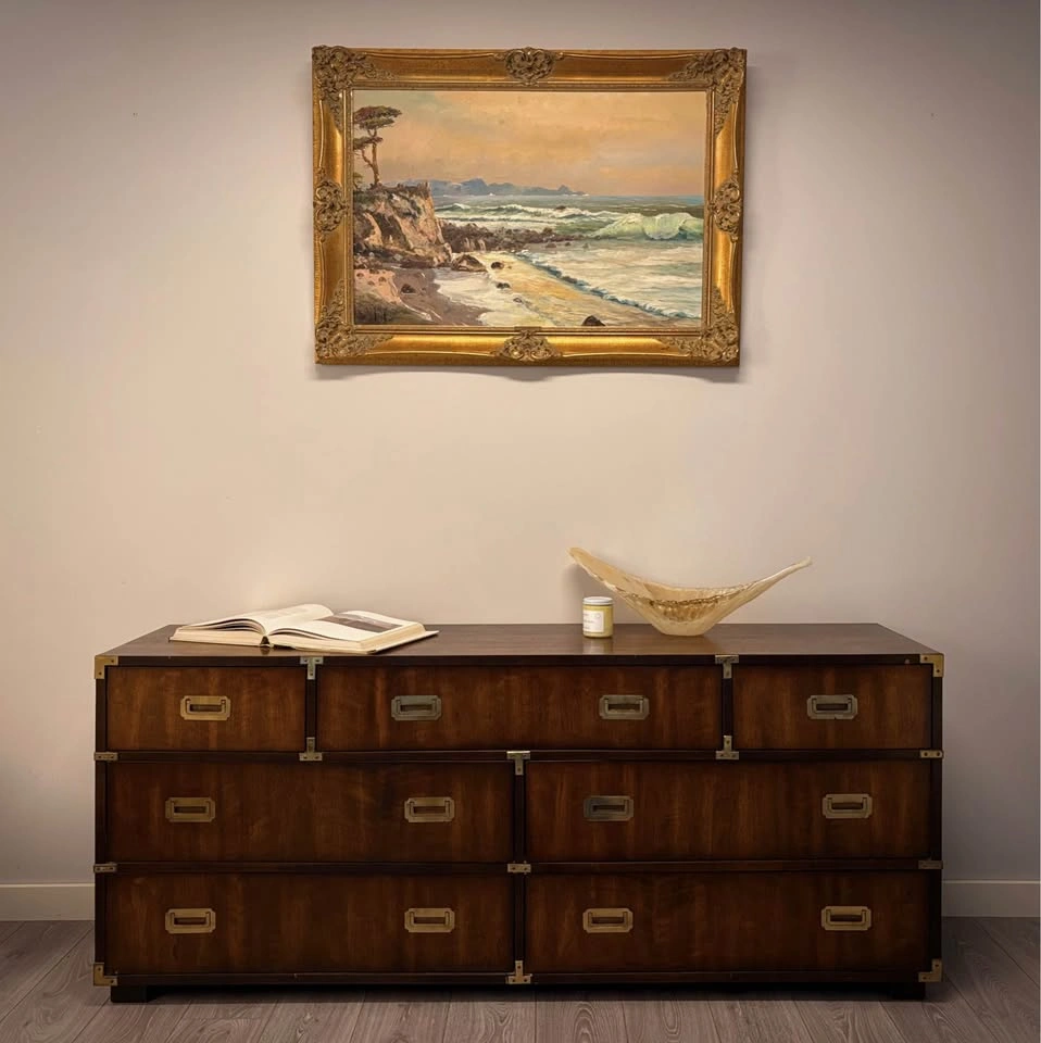 VINTAGE SOLID WALNUT MCM CAMPAIGN 7 DRAWER DRESSER BY LANE