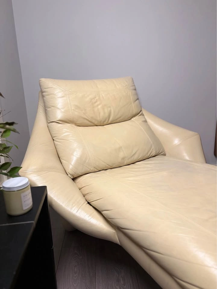 VINTAGE ROGER ROUGIER GENUINE LEATHER CREAM CHAISE LOUNGE CHAIR - photo 4