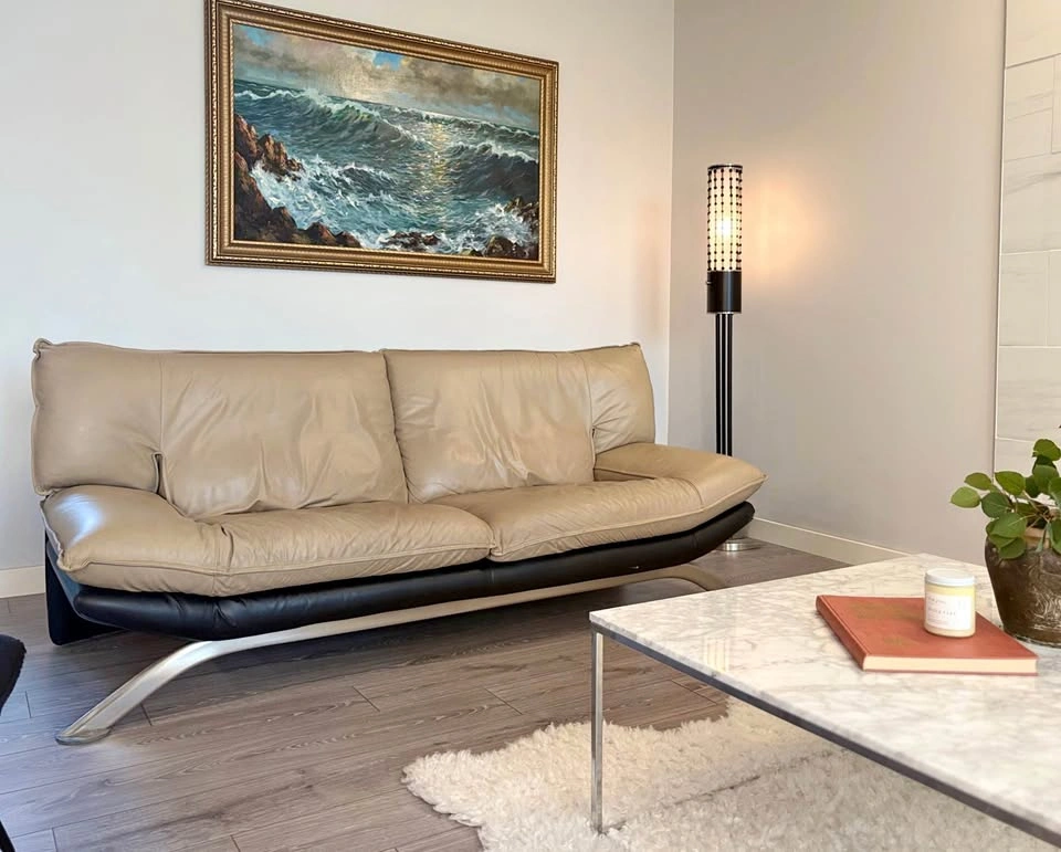 NICOLETTI SALOTTI TAN AND BLACK ITALIAN VINTAGE MCM LEATHER SOFA