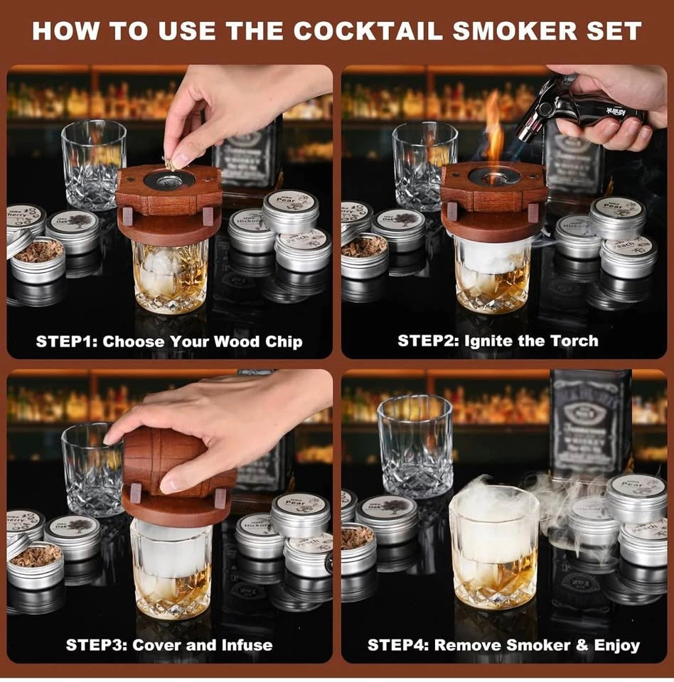 Whiskey Smoker Kit with Torch, 6 Wood Chips, Glasses & Molds - photo 5