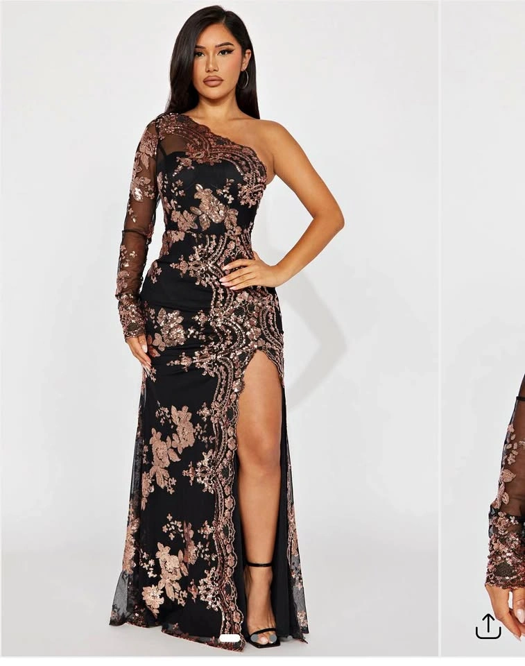 Brand New Fashion Nova Black and Rose Gold Sequin Maxi Dress