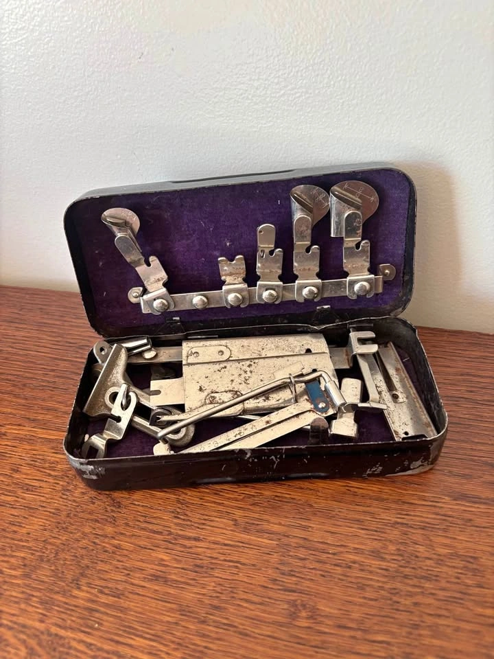 Antique Greist Sewing Machine Attachments Set Purple Velvet Meta