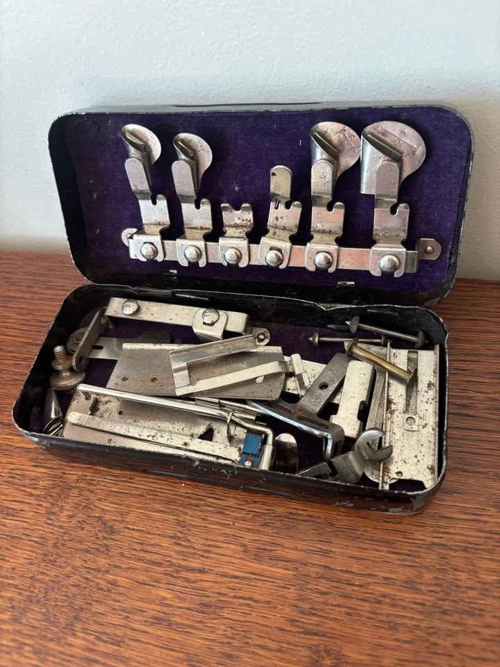 Antique Greist Sewing Machine Attachments Set Purple Velvet Meta - photo 2