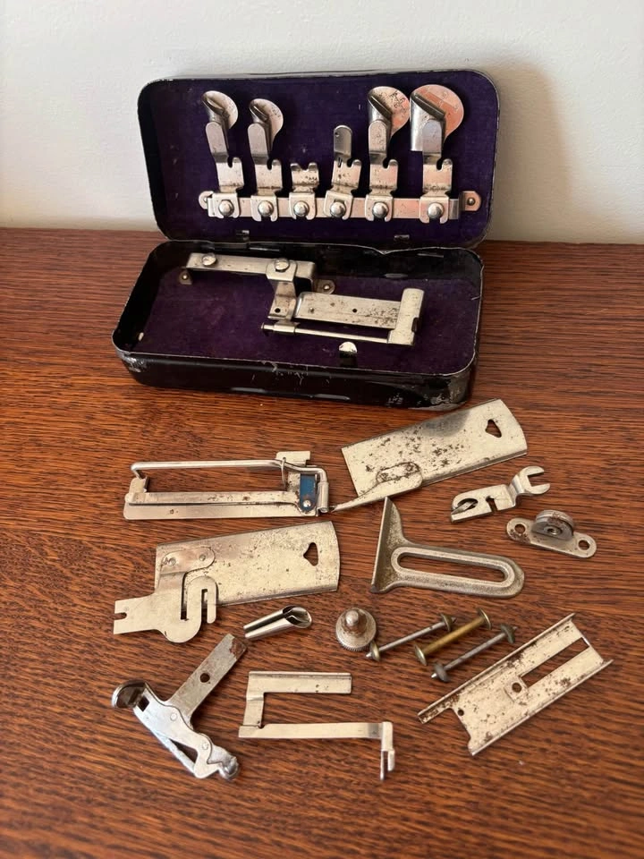 Antique Greist Sewing Machine Attachments Set Purple Velvet Meta - photo 3