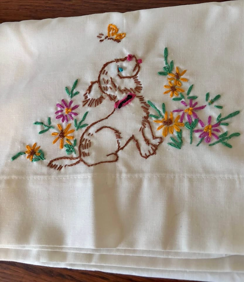 Vintage Tex-Made Truprest Hand Embroidered Puppy Pillowcase