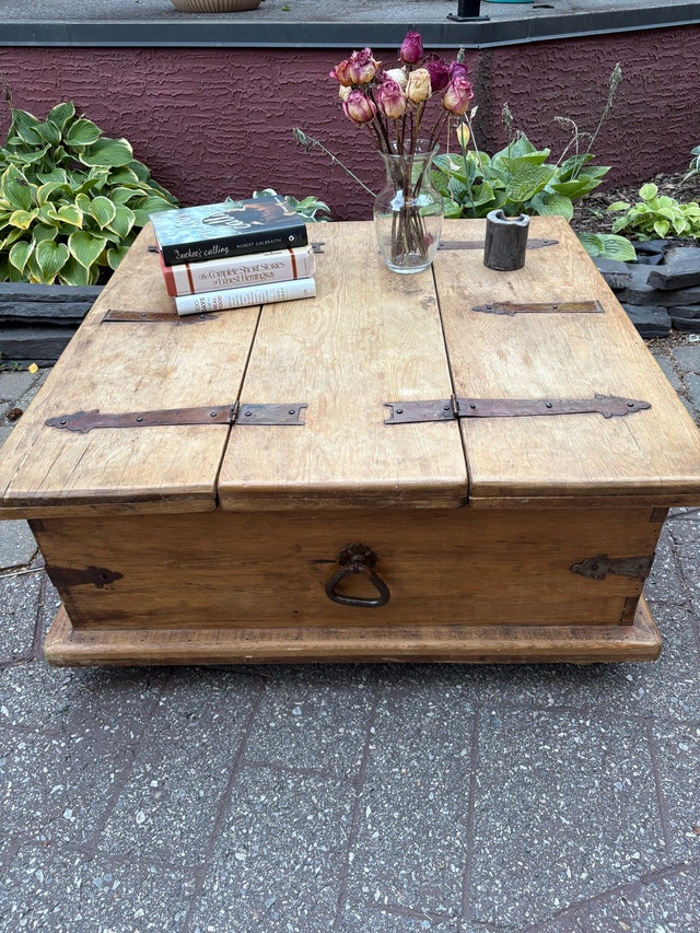 Rare rustic 35” Square split top wood coffee table / storage