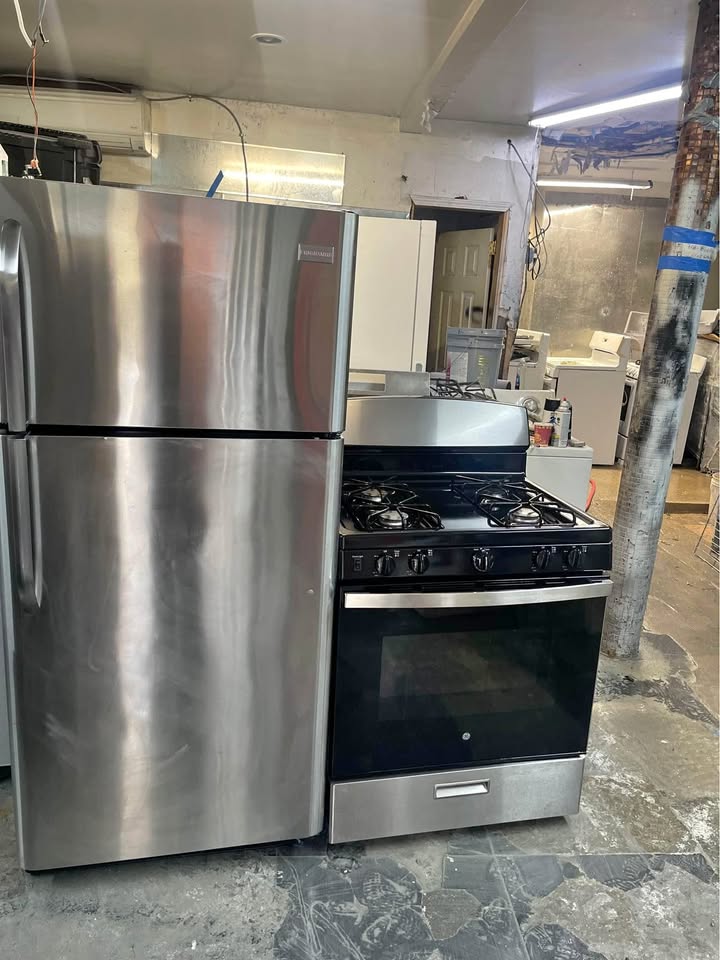 30 inch black and silver fridge and stove