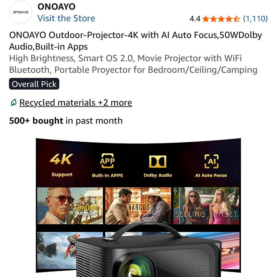 ONOAYO Video Projector – Dolby Audio / Netflix / YouTube / HDMI