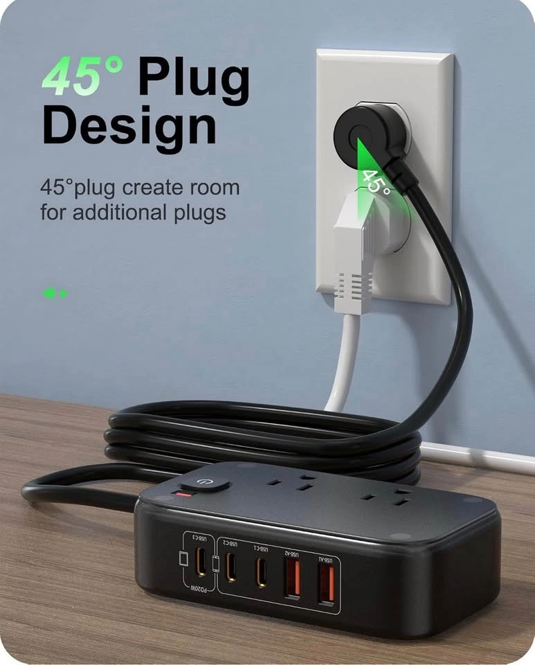 Flat Plug Power Strip, 20W USB C Fast Charging, 5 Outlet - photo 5