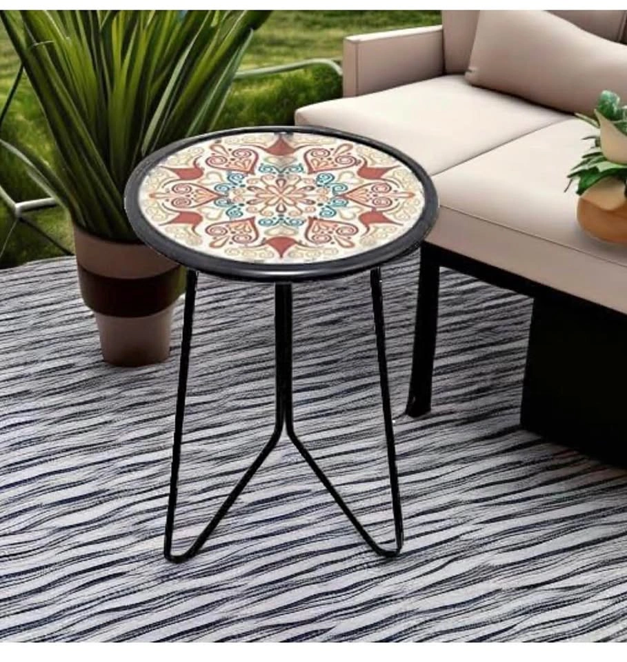 LIFFY 12" Small Outdoor Metal Side Table with Glass Top