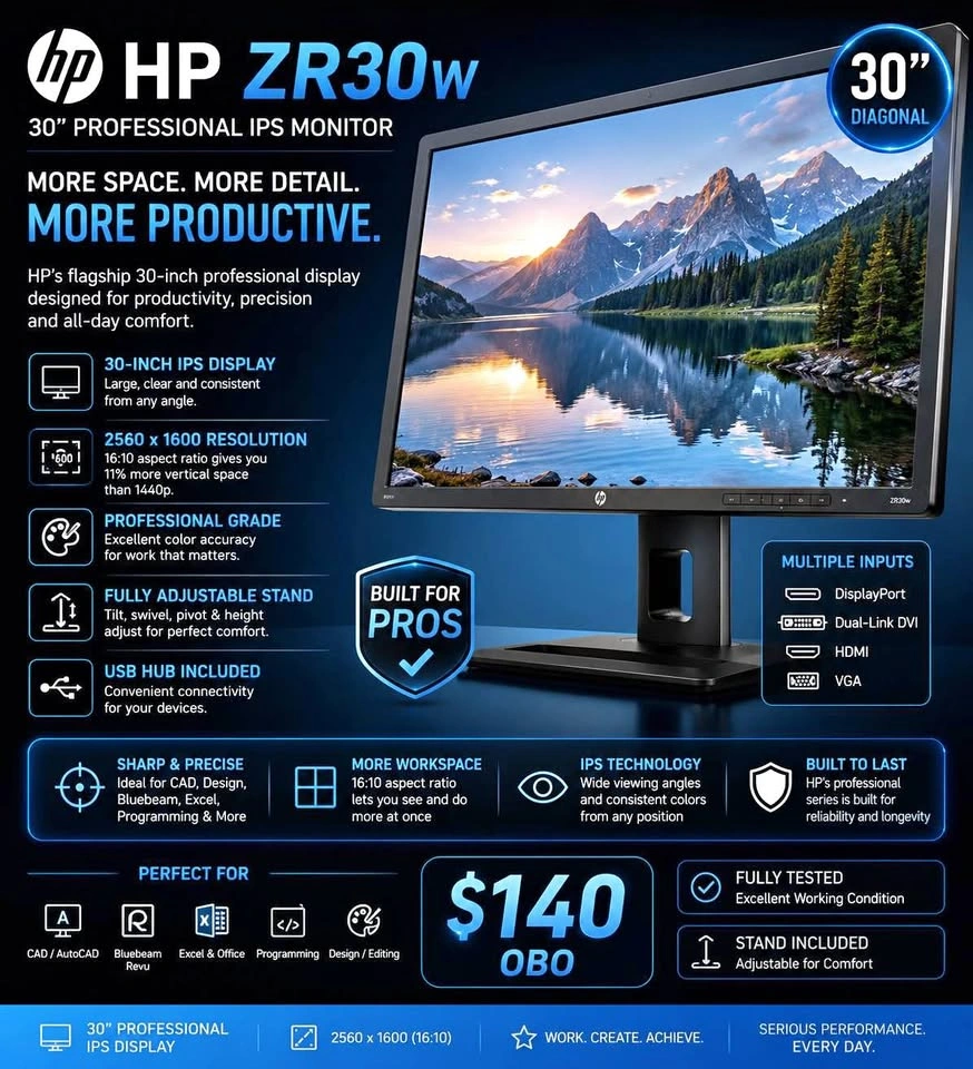 PROMOTION HP ZR30w 30” Monitor – 2560×1600