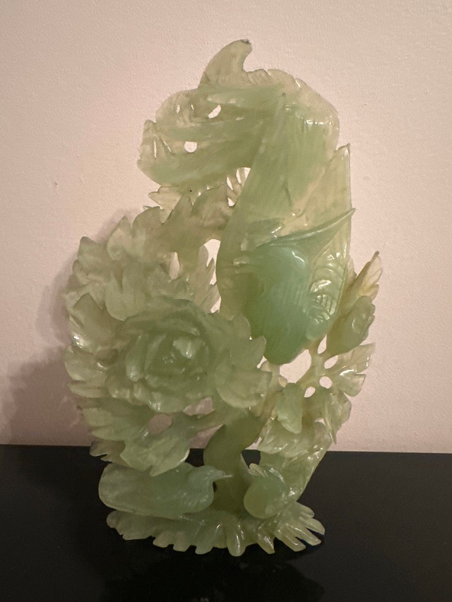 Antique Chinese hand-carved jade Phoenix Bird and Peonies