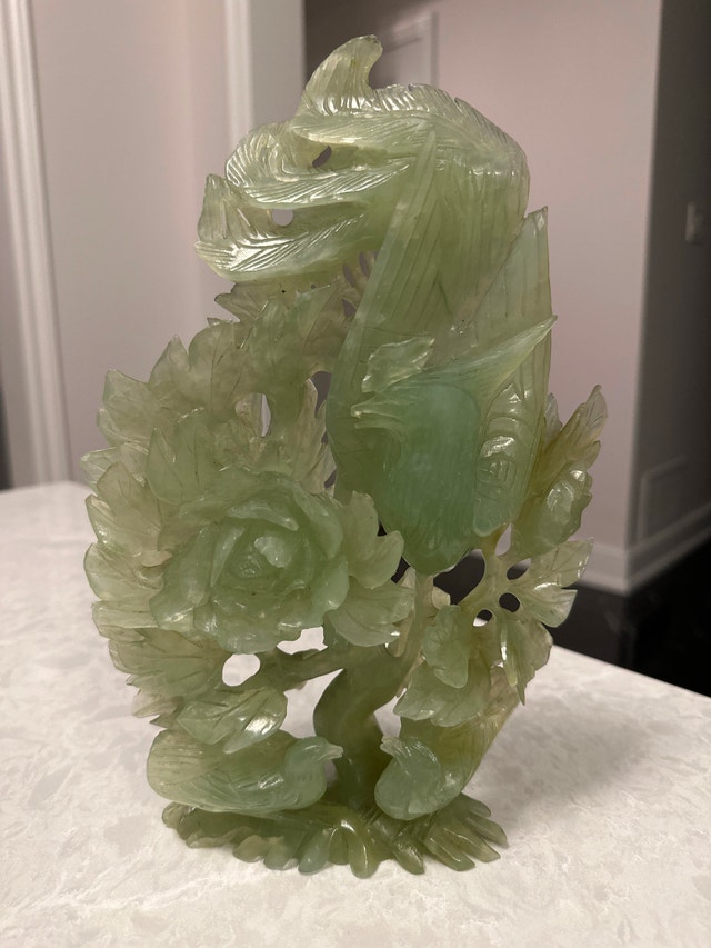 Antique Chinese hand-carved jade Phoenix Bird and Peonies - photo 2