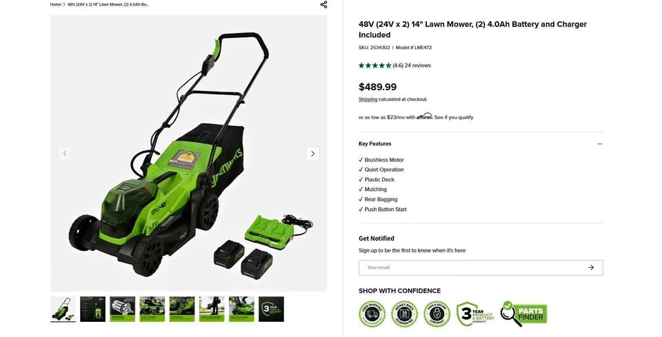 Greenworks 48V 14" Lawn Mower LME472 with Batteries and Charger