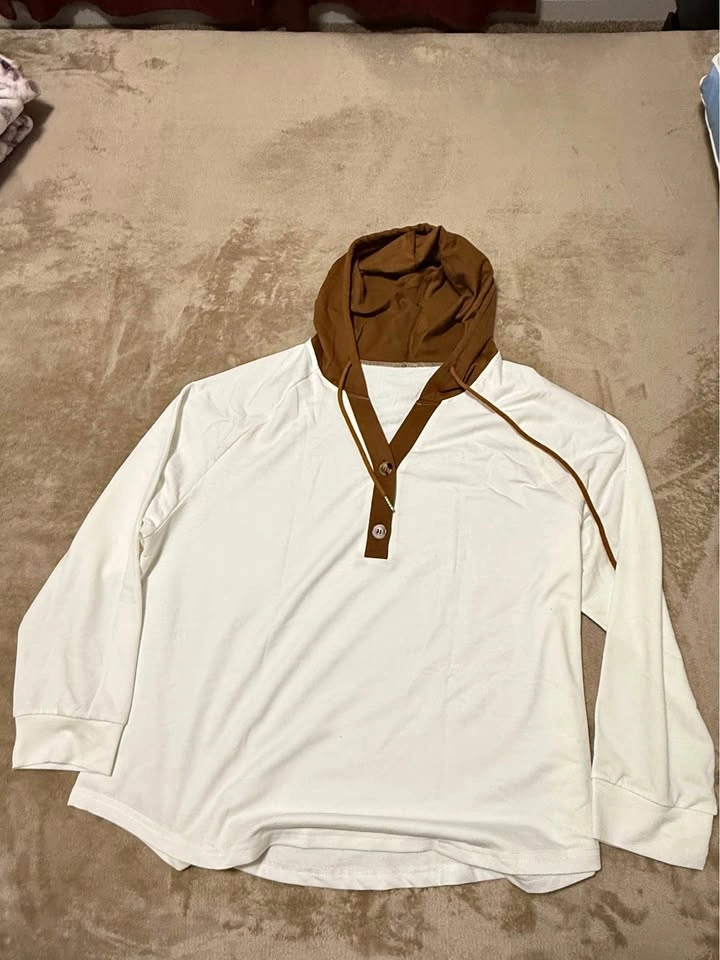 Women's V-Neck Waffle Knit Drawstring Sweatshirt Brown XL