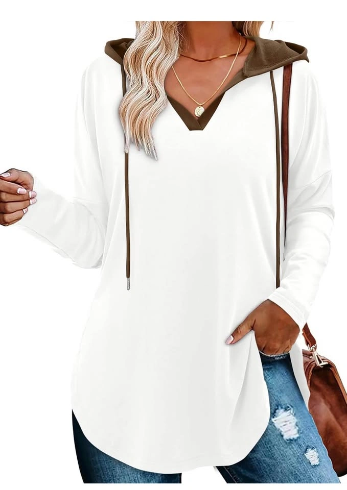 Women's V-Neck Waffle Knit Drawstring Sweatshirt Brown XL - photo 2