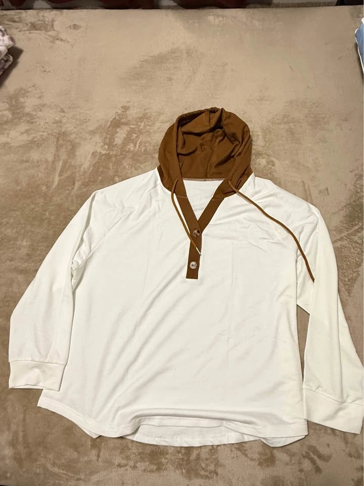 Women's V-Neck Waffle Knit Drawstring Sweatshirt Brown XL - photo 3