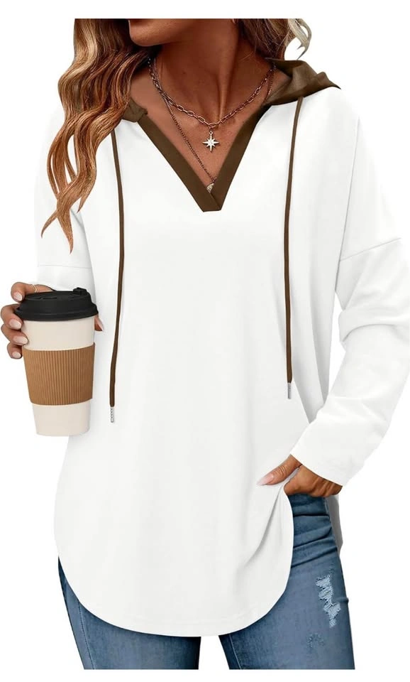 Women's V-Neck Waffle Knit Drawstring Sweatshirt Brown XL - photo 5