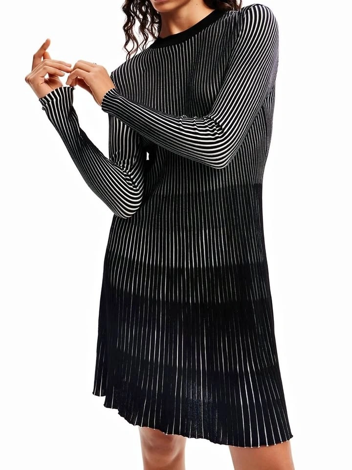 Desigual Venice Black White Striped Ribbed Knit Dress L